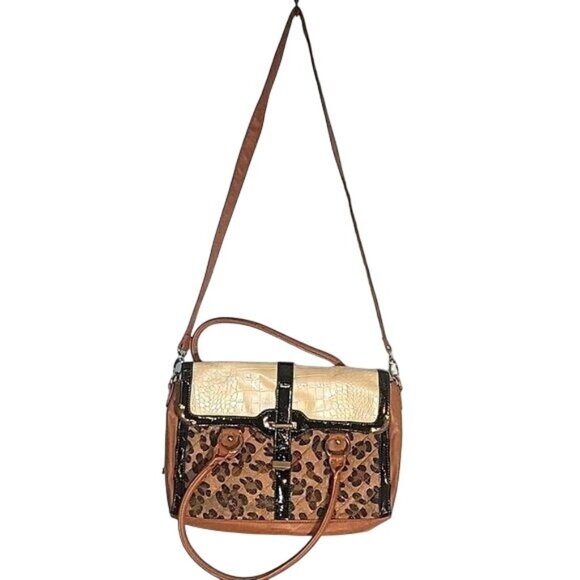Leopard Print & Faux Croc Leather Satchel Bag With Adjustable Strap & Top Handle - Picture 1 of 9